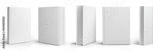 Blank white book covers in various angles, showcasing different perspectives