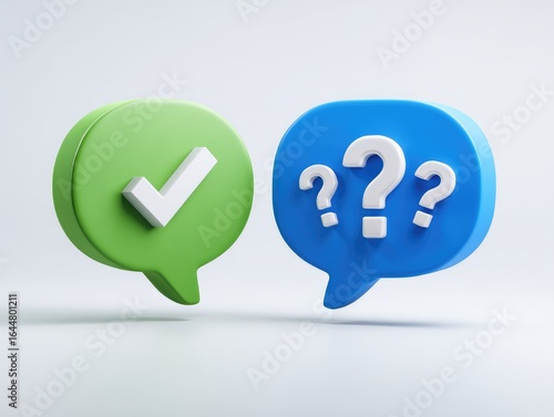 Two speech bubbles, one green with a white check mark, the other blue with multiple white question marks,  on a light gray background.  3D rendered illustration
