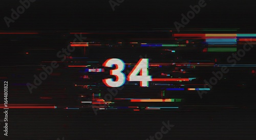 Number 34 displayed with a glitch effect, featuring distorted pixels and colorful horizontal lines against a dark background.