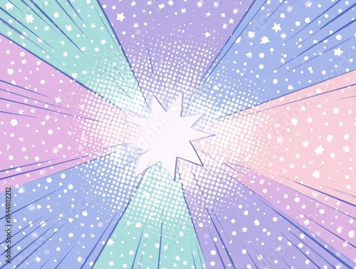 Pastel comic book background with radial lines, stars, and halftone dots