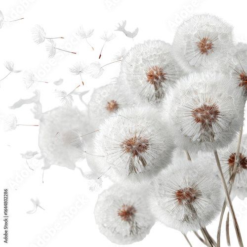 Dandelions seeds blowing in wind, spring, nature, background blur, design element