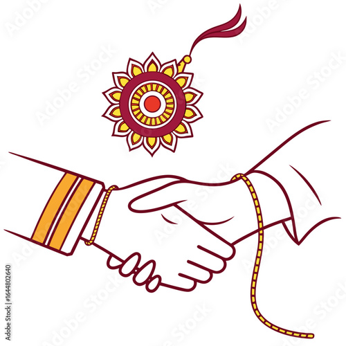 Brother and sister celebrating raksha bandhan festival with a rakhi tied on the wrist and a handshake symbolizing their bond