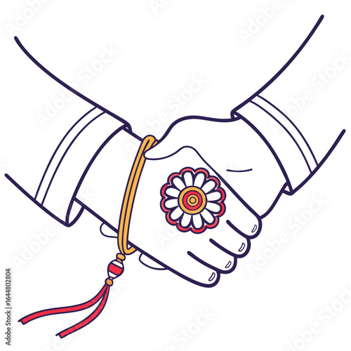 Brother and sister celebrating raksha bandhan festival with a rakhi tied on wrist during a handshake symbolizing their bond