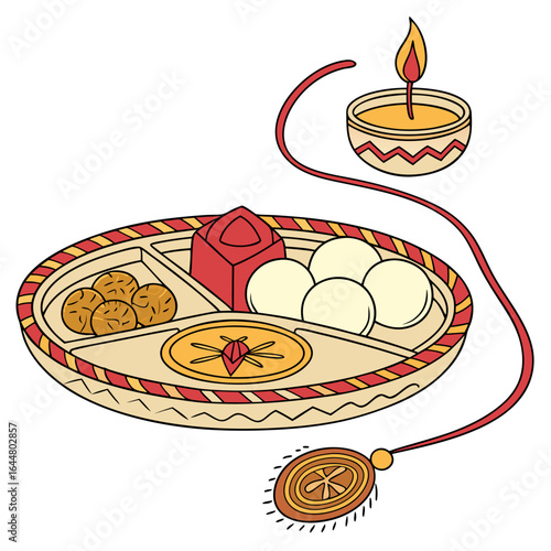 Traditional indian raksha bandhan celebration with a decorated thali filled with sweets like ladoo and rasgulla a diya and a rakhi for brother sister bond