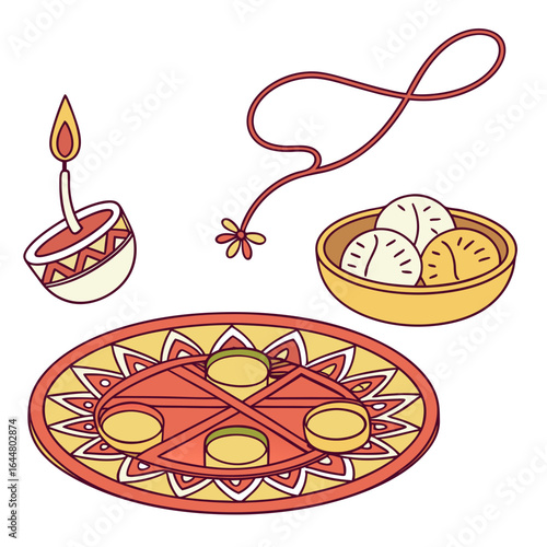A traditional indian raksha bandhan festival celebration with a diya lamp rakhi thread sweets and a puja thali for religious offerings