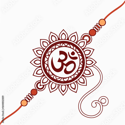 A beautifully designed rakhi with the sacred om symbol at its center adorned with floral petals and colorful beads on a white background