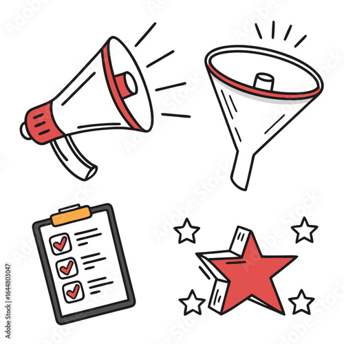 Collection of hand drawn icons featuring a megaphone a funnel a checklist with completed tasks and stars symbolizing success or recognition