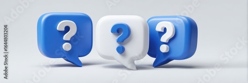 Three 3D question mark icons in blue and white speech bubbles