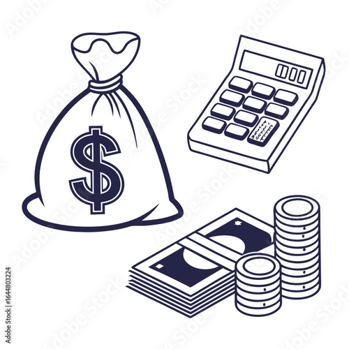 A simple graphic illustration of a money bag with a dollar sign a stack of cash coins and a calculator representing financial concepts
