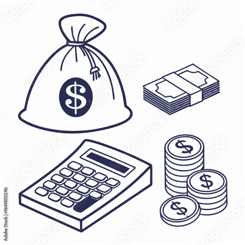 A simple isometric doodle illustration featuring a money bag with a dollar sign a stack of cash a calculator and stacks of coins representing financial concepts