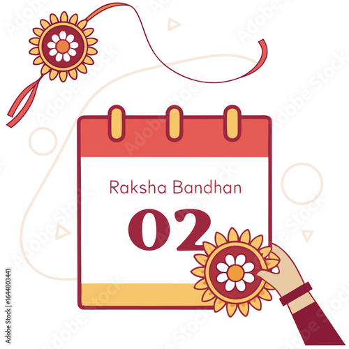 Illustration of a calendar marking the date for raksha bandhan with a rakhi and a hand holding another rakhi symbolizing the celebration of sibling love and protection