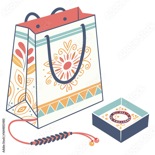 A decorative gift bag with colorful ethnic patterns sits next to an open box containing a bracelet and a braided cord