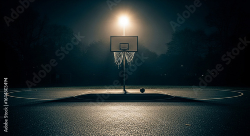 An empty outdoor basketball court at night, with a single hoop and ball dramatically illuminated by an overhead light.