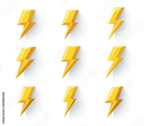 Free Download Nine gold lightning bolt icons, set on a white background.  Each bolt has a slightly different angle and shadow, creating a 3D effect - GFXLoad
