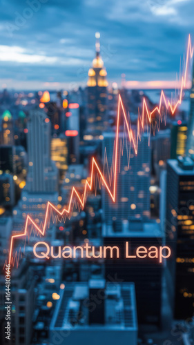 Quantum leap stock market growth with city skyline and financial investment
