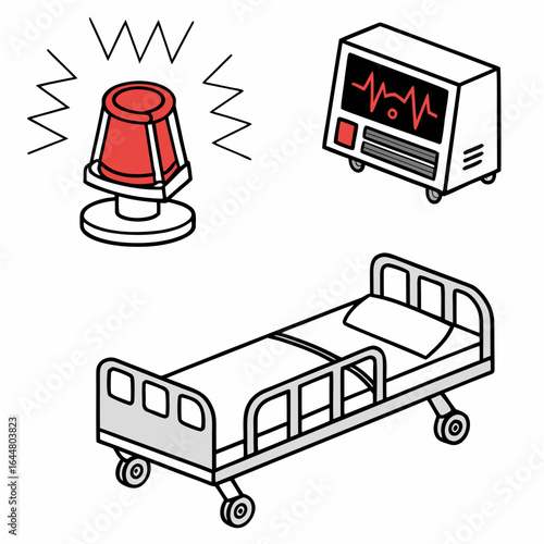 Hospital room setup with a medical bed an electrocardiogram monitor displaying a heart rate and a flashing red emergency alert light symbolizing urgent care and patient monitoring