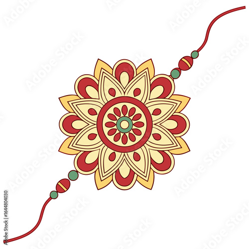 Beautifully designed rakhi with a floral motif in red yellow and green colors on a white background symbolizing raksha bandhan festival