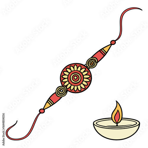 A vibrant illustration of a rakhi bracelet with a traditional diya lamp symbolizing the hindu festival of raksha bandhan and brother sister bond