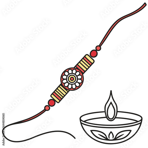 A colorful rakhi bracelet and a traditional diya lamp symbolizing the hindu festival of raksha bandhan celebrating brother sister bond