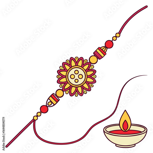 A colorful rakhi bracelet with a decorative floral centerpiece and a lit diya oil lamp symbolizing the hindu festival of raksha bandhan