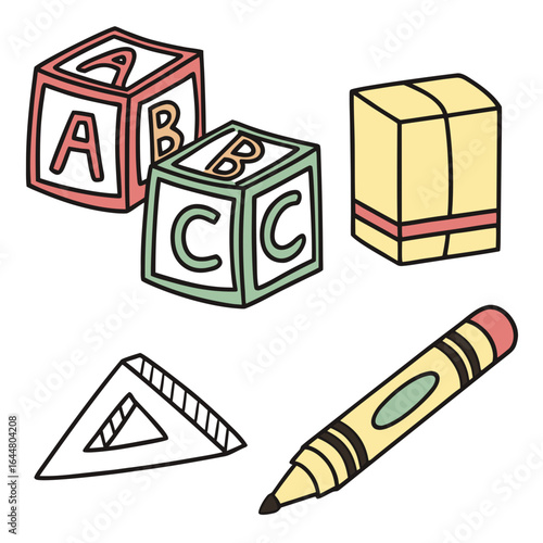 A collection of colorful educational toys and school supplies including alphabet blocks a pencil and a ruler perfect for early childhood learning and creative activities