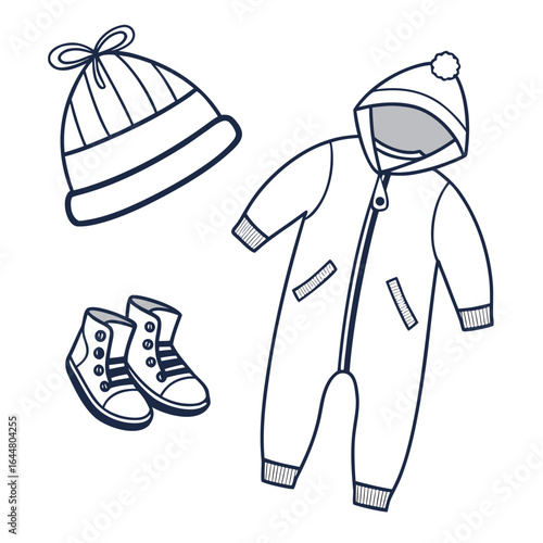 A charming hand drawn illustration of a baby s winter outfit including a cozy snowsuit a warm beanie hat and a pair of cute high top sneakers