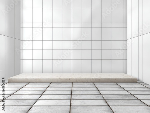 Empty white tiled room with a light beige platform