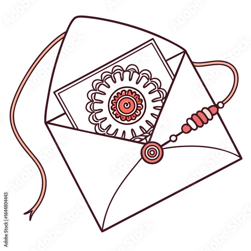 An open envelope with a greeting card and a rakhi bracelet inside symbolizing raksha bandhan celebrations and traditional indian sibling bonds