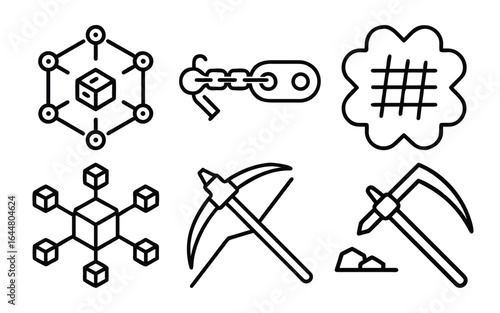Set of six icons representing cryptocurrency and digital finance concepts, including bitcoin exchange, digital wallet, network, cloud, and security, isolated on white background