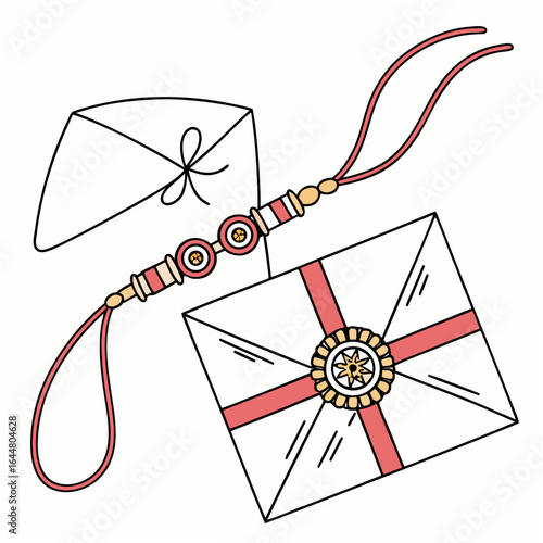 A vibrant illustration of a rakhi bracelet and two gift envelopes symbolizing the indian festival of raksha bandhan and sibling love