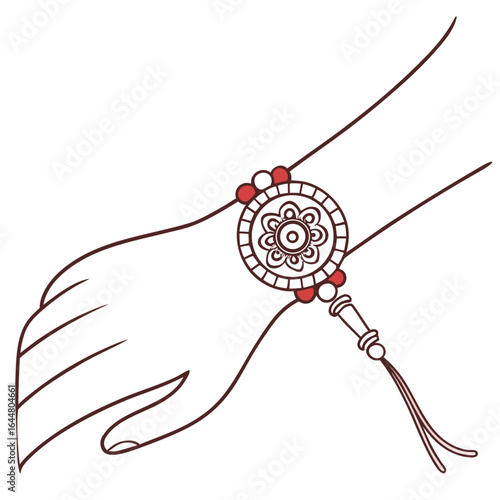 A stylized illustration of a hand wearing a rakhi a sacred thread symbolizing the bond between brothers and sisters adorned with red beads and a decorative centerpiece