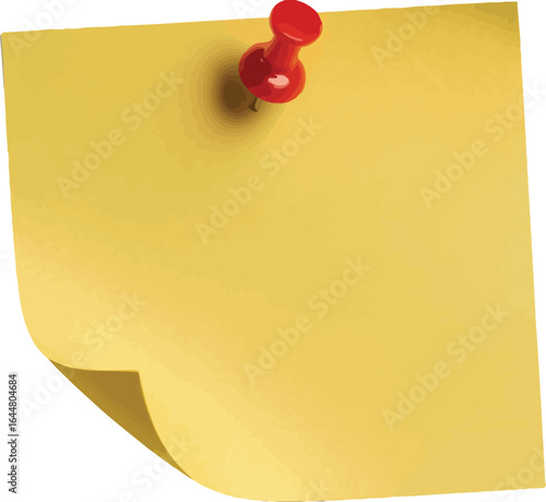 Bright yellow sticky note pinned to a light gray wall with a red thumbtack
