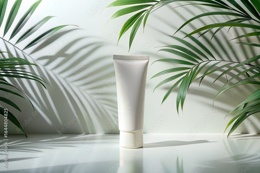 Fototapeta premium Photo of cosmetic tube mockup isolated on white background with tropical leaves