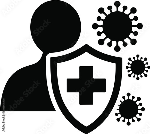 Human silhouette protected by shield with cross against virus particles