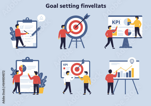 Illustrated scenes depicting goal setting and business presentations, featuring individuals working.