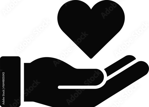 Black silhouette of a hand holding a heart symbol on a light gray background