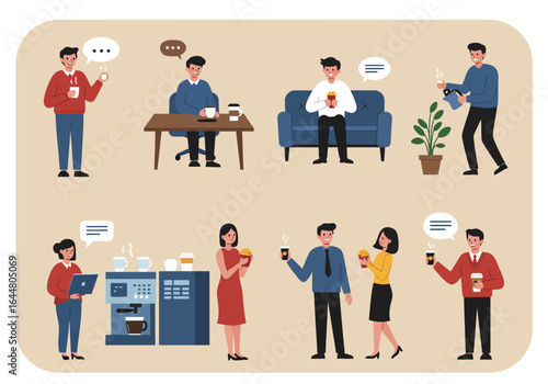 A collection of office workers enjoying a coffee break, socializing, working, and drinking coffee in various scenes.