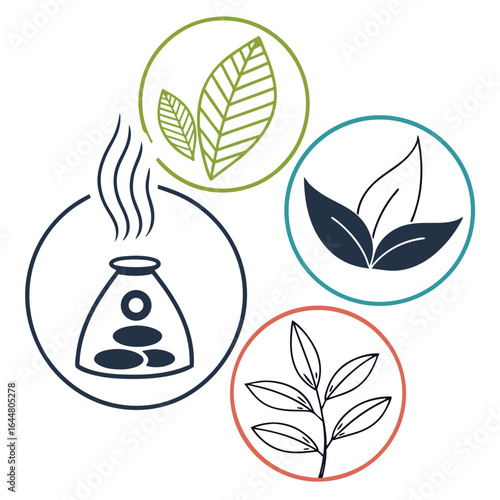 A collection of four circular icons representing natural elements and wellness including leaves a diffuser and botanical illustrations symbolizing health and organic products