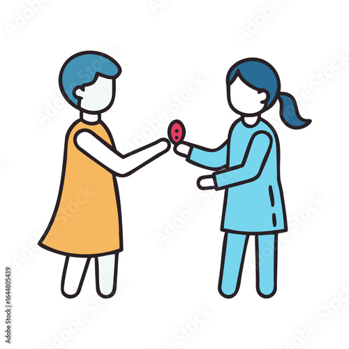 Two stylized figures one in orange and one in blue stand facing each other with one figure offering a small red object with two dots to the other
