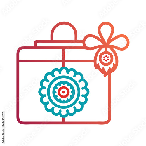Stylized gift box with floral and gear embellishments in a vibrant gradient of red and blue on a black background