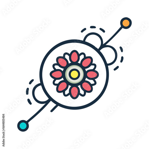 A stylized flat design illustration of a rakhi bracelet with a floral motif and decorative elements symbolizing brother sister bond and indian festival celebrations
