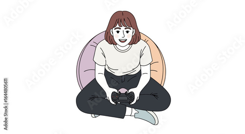 Young Woman Relaxing with Video Game Controller in Cozy Setting, Suitable for Illustrating Leisure Activities and Modern Entertainment Concepts