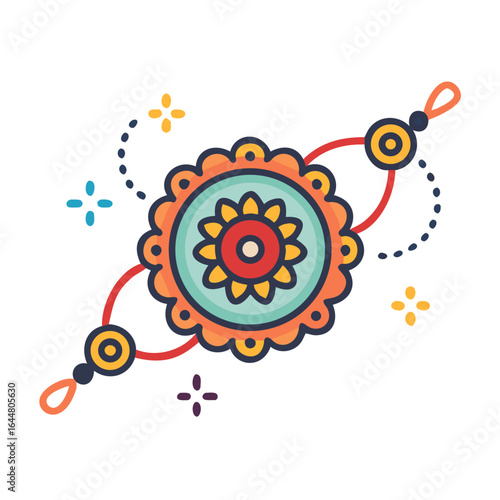 A colorful and decorative rakhi bracelet with a floral design and sparkling embellishments symbolizing the bond between siblings during raksha bandhan celebrations