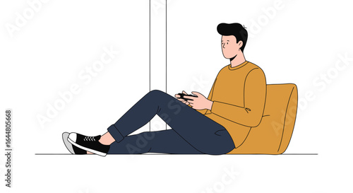 Relaxed Gamer Enjoying Video Games on Comfortable Beanbag Chair, Demonstrating Leisure Activities and Modern Lifestyle, Ideal for Advertising Gaming Products and Relaxation Techniques