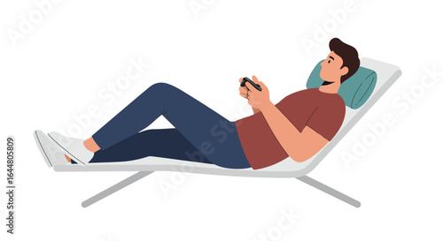 Relaxing Gamer on Deck Chair Illustration for Gaming Concepts, Leisure Activities, or Portraying a Relaxed Lifestyle and Digital Entertainment