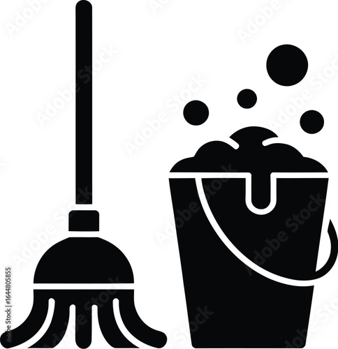 Simple black silhouette of a mop and a bucket filled with soapy water
