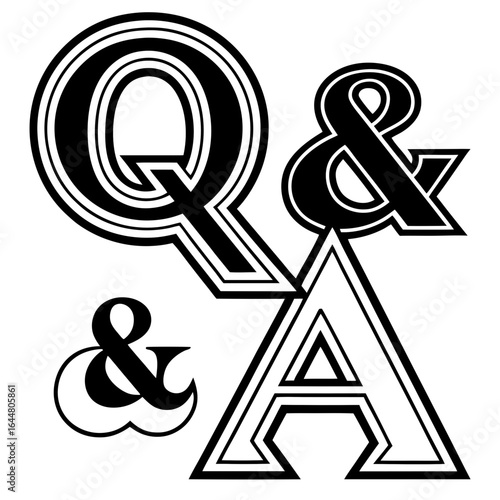 Stylized black and white graphic design featuring the letters q and a connected by an ampersand symbol representing questions and answers