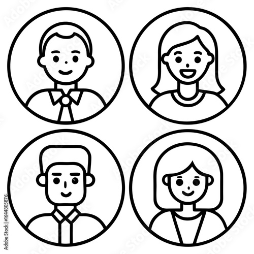 Four diverse people icons in circles representing a team or community with simplified faces and outlines on a white background