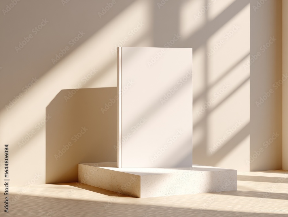 Fototapeta premium Blank book on light beige podium, sunlit room