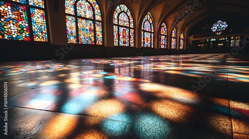 Colorful stained glass window light patterns on a floor.
